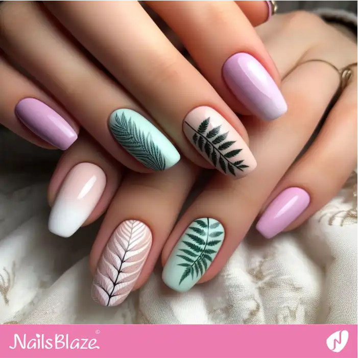 Pastel Nails with Fern Design | Nature-inspired Nails - NB1541